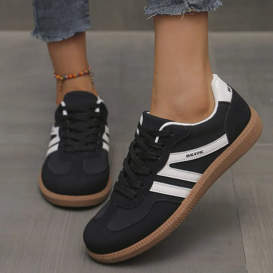 Contrast Lace Up Round Toe Sneakers - Black - View 1