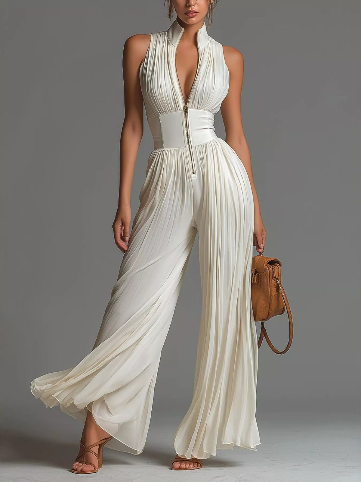 Sleeveless Pleated Jumpsuit with Front Zipper - All Colors - View 1