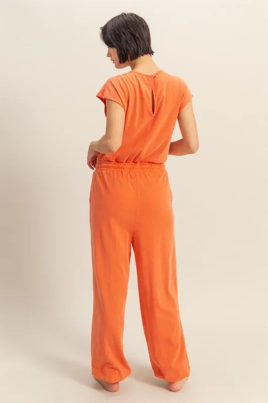 HYFVE Back Keyhole Round Neck Cap Sleeve Drawstring Jumpsuit - Orange - View 3
