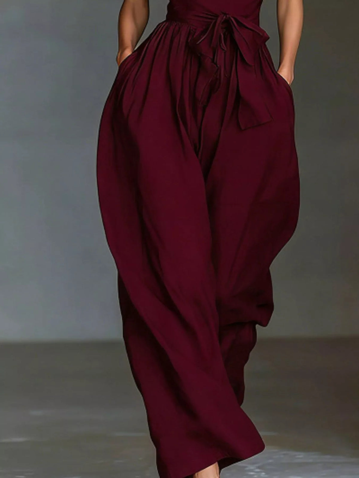 Halter Neck Wide-Leg Jumpsuit with Waist-Tie Detail - Wine Red - View 3