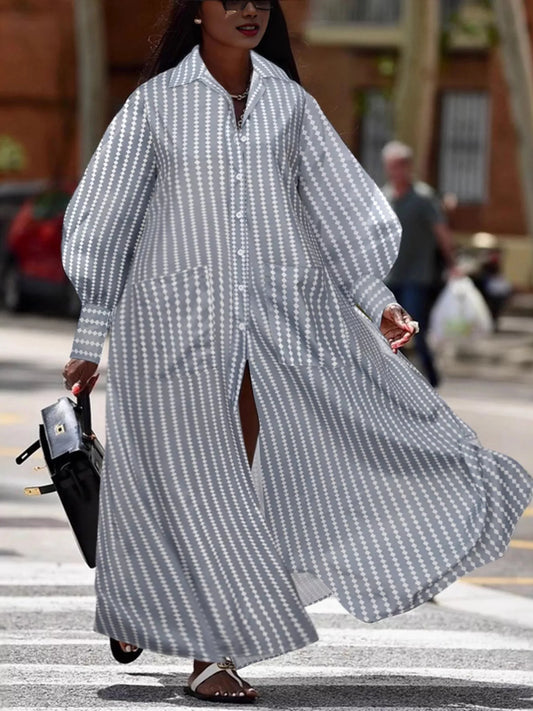 Striped Button-Down Maxi Shirt Dress - Grey - View 1
