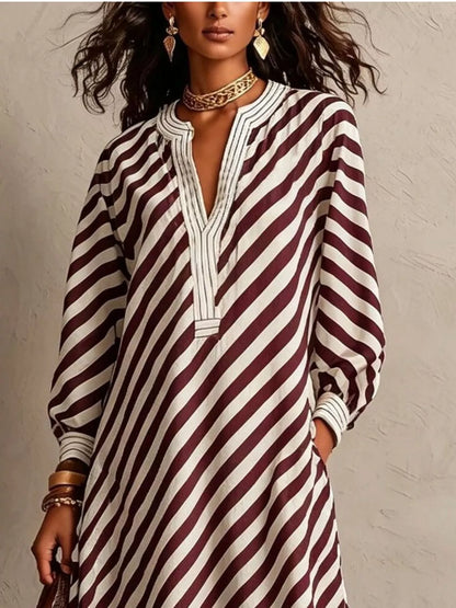 Striped Long Sleeves Maxi Dress - Black - View 5