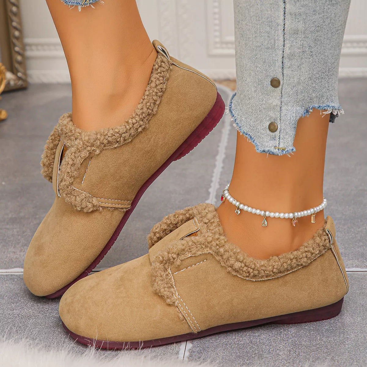 Faux Fur Lined Slip-Ons - Apricot - View 1
