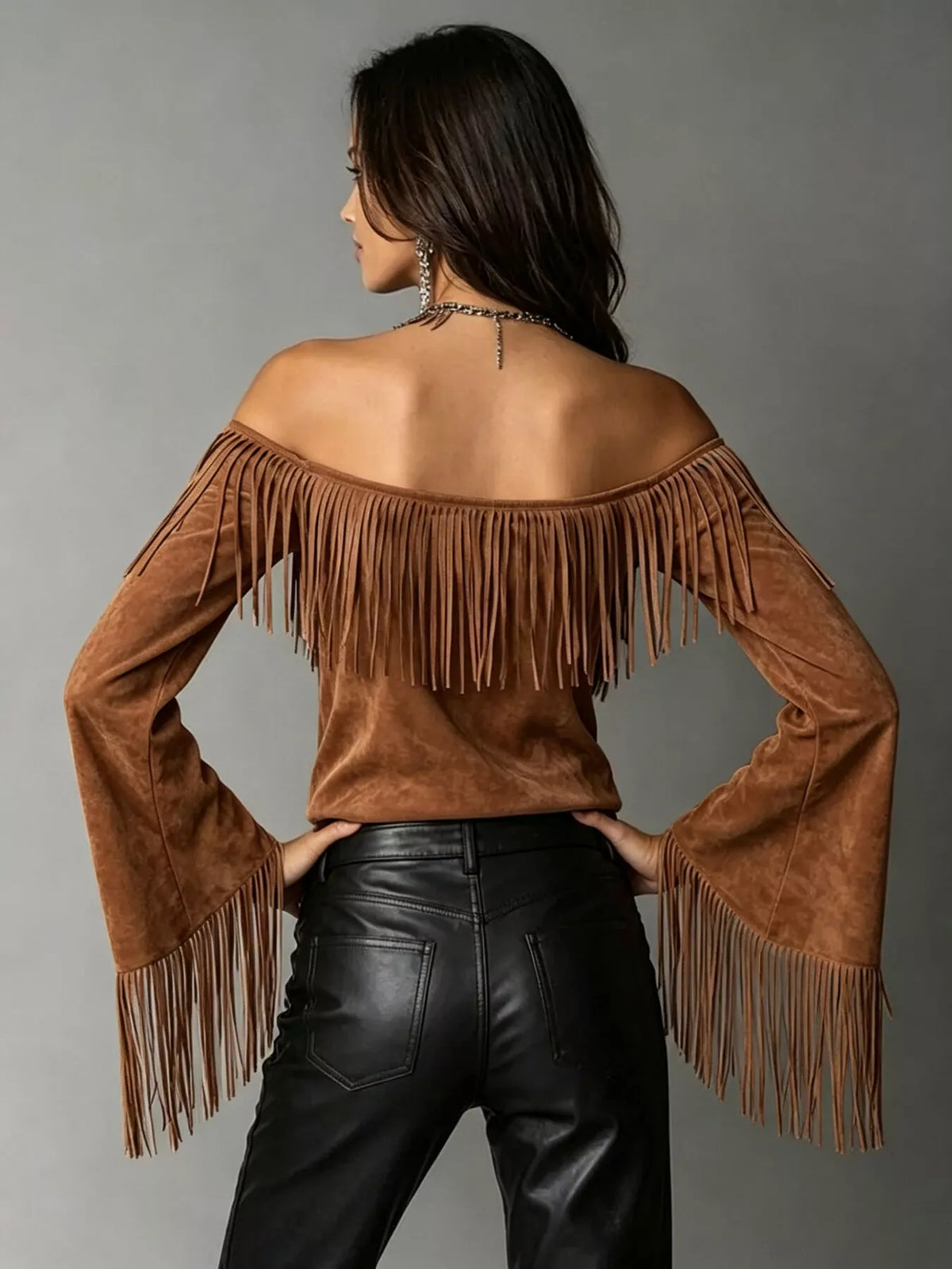 Full Size Fringed Off-Shoulder T-Shirt Plus Size - Brown - View 2