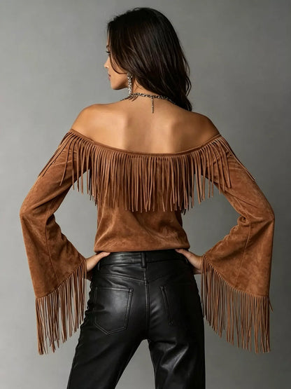 Full Size Fringed Off-Shoulder T-Shirt Plus Size - Brown - View 2