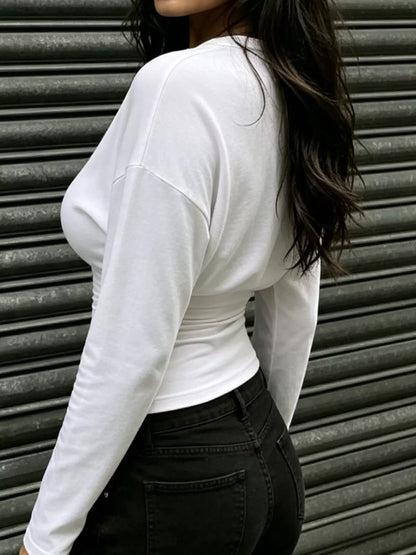 Slim Fit V-Neck Long Sleeve Ruched T-Shirt - White - View 4