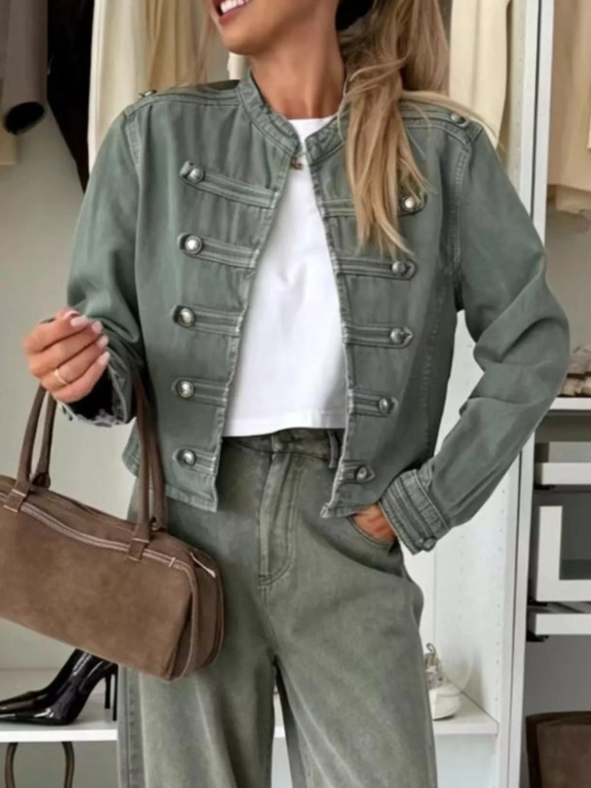 Decorative Button Cropped Denim Jacket - Army Green - View 1