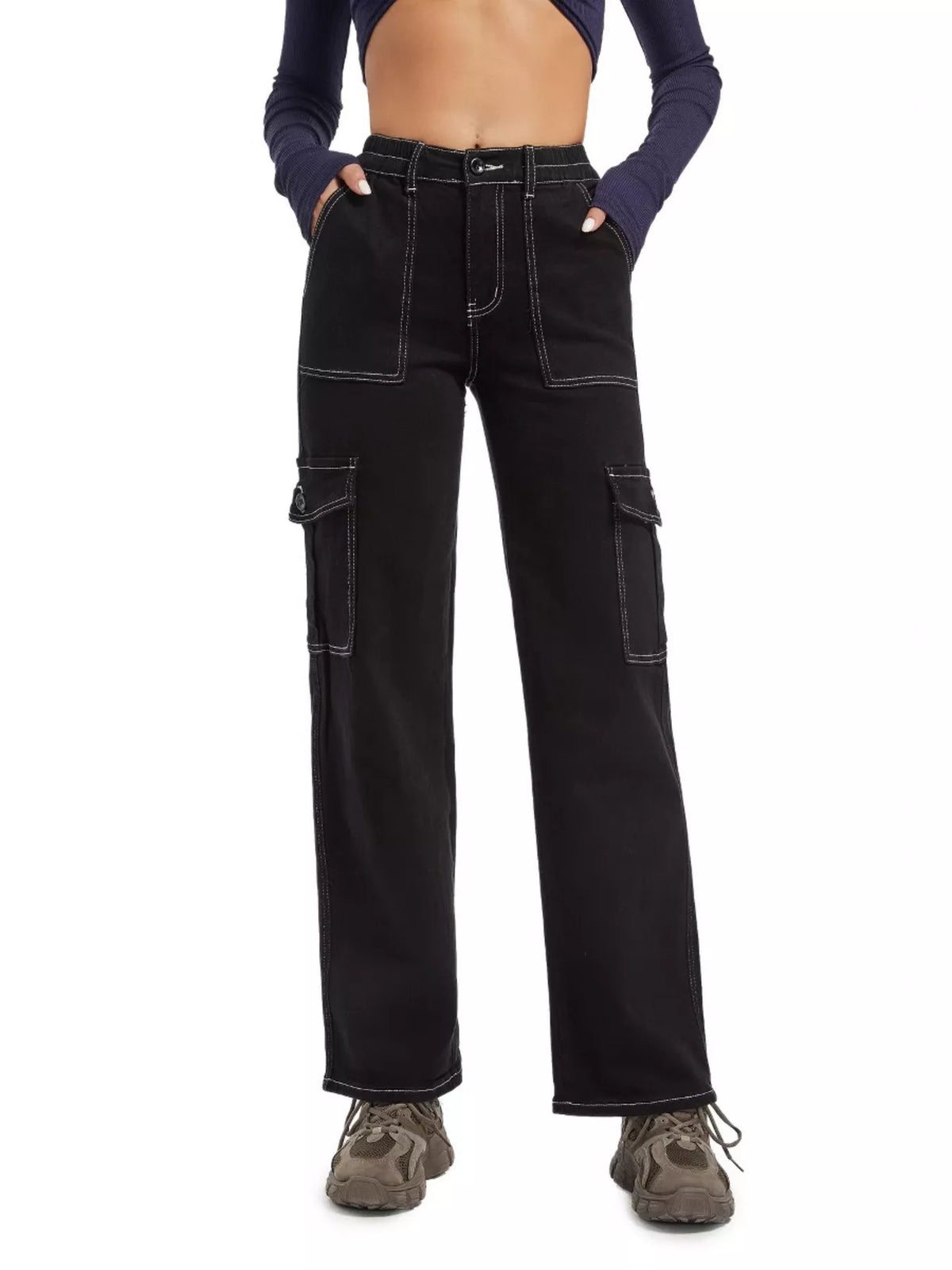 High-Waisted Cargo Jeans - Black - View 1