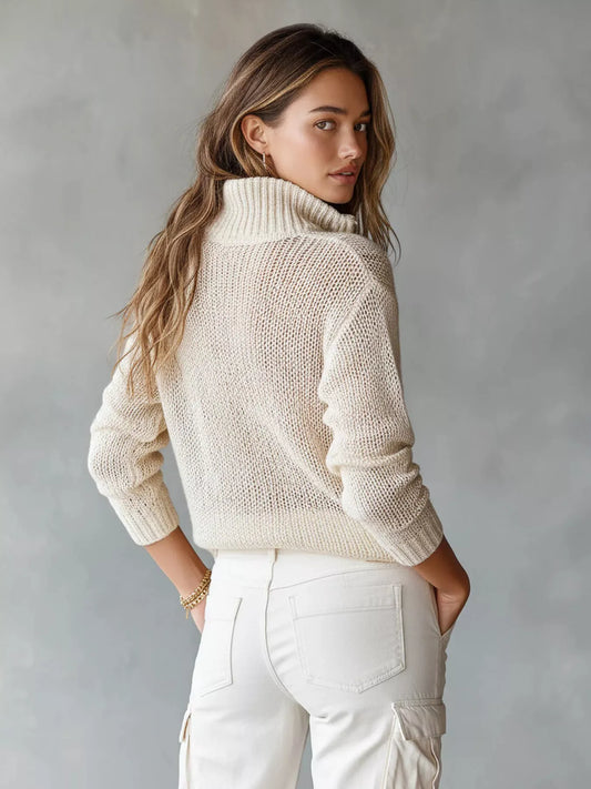 Half-Zip Dropped Shoulder Sweater - Beige - View 2