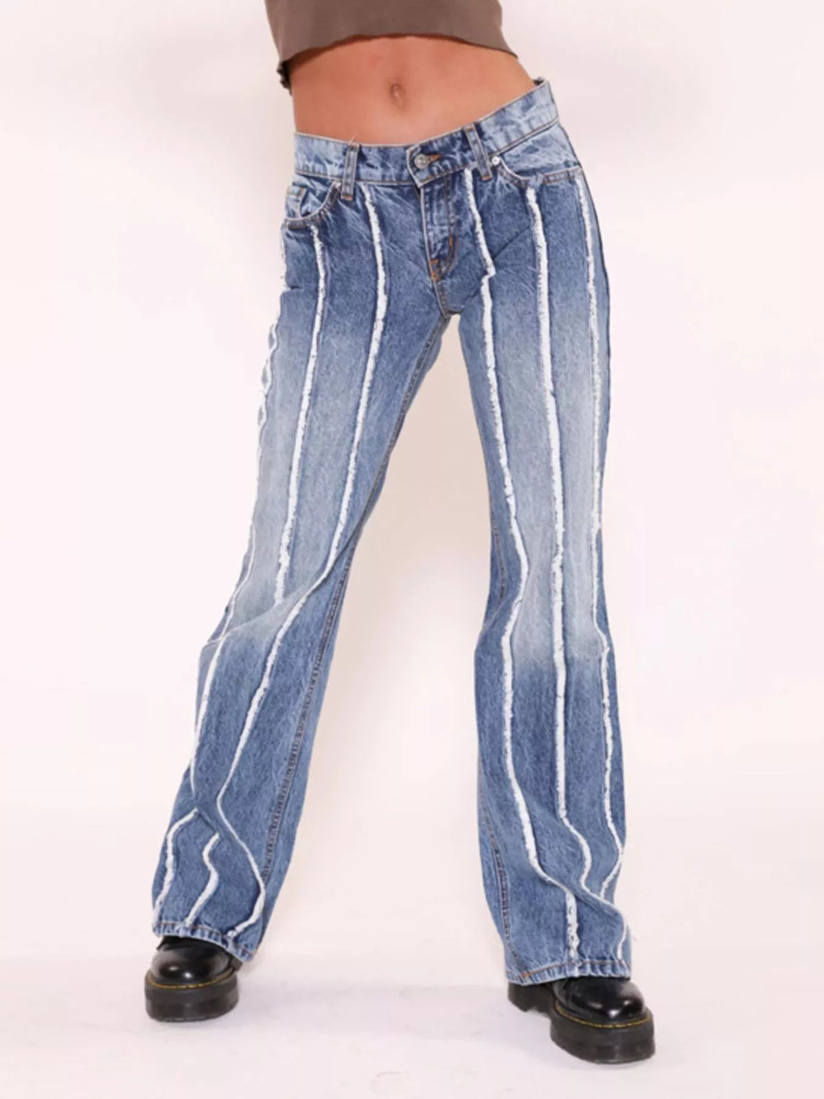 Striped Low-Rise Flare Jeans - Blue - View 2