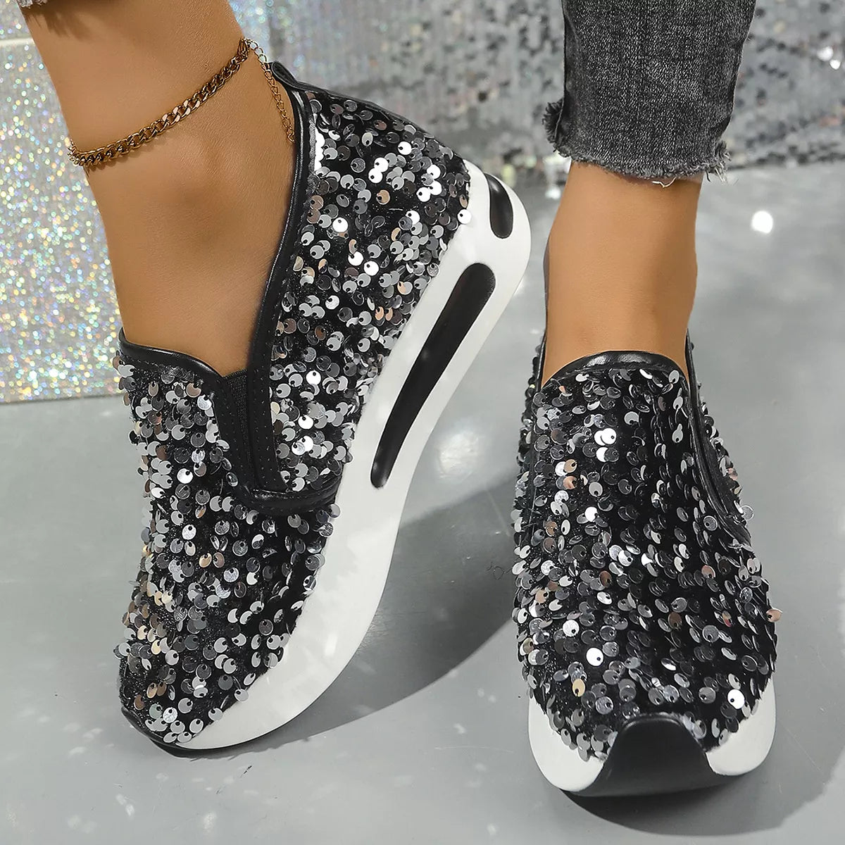 Sequin Round Toe Slip-Ons - Black - View 1