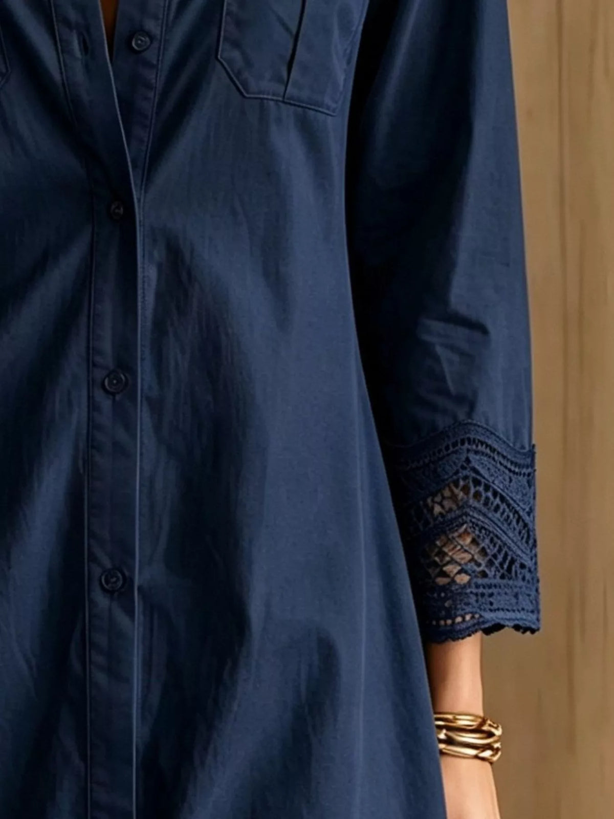 Button-Down Shirt Dress with Lace Trim - Navy Blue - View 2