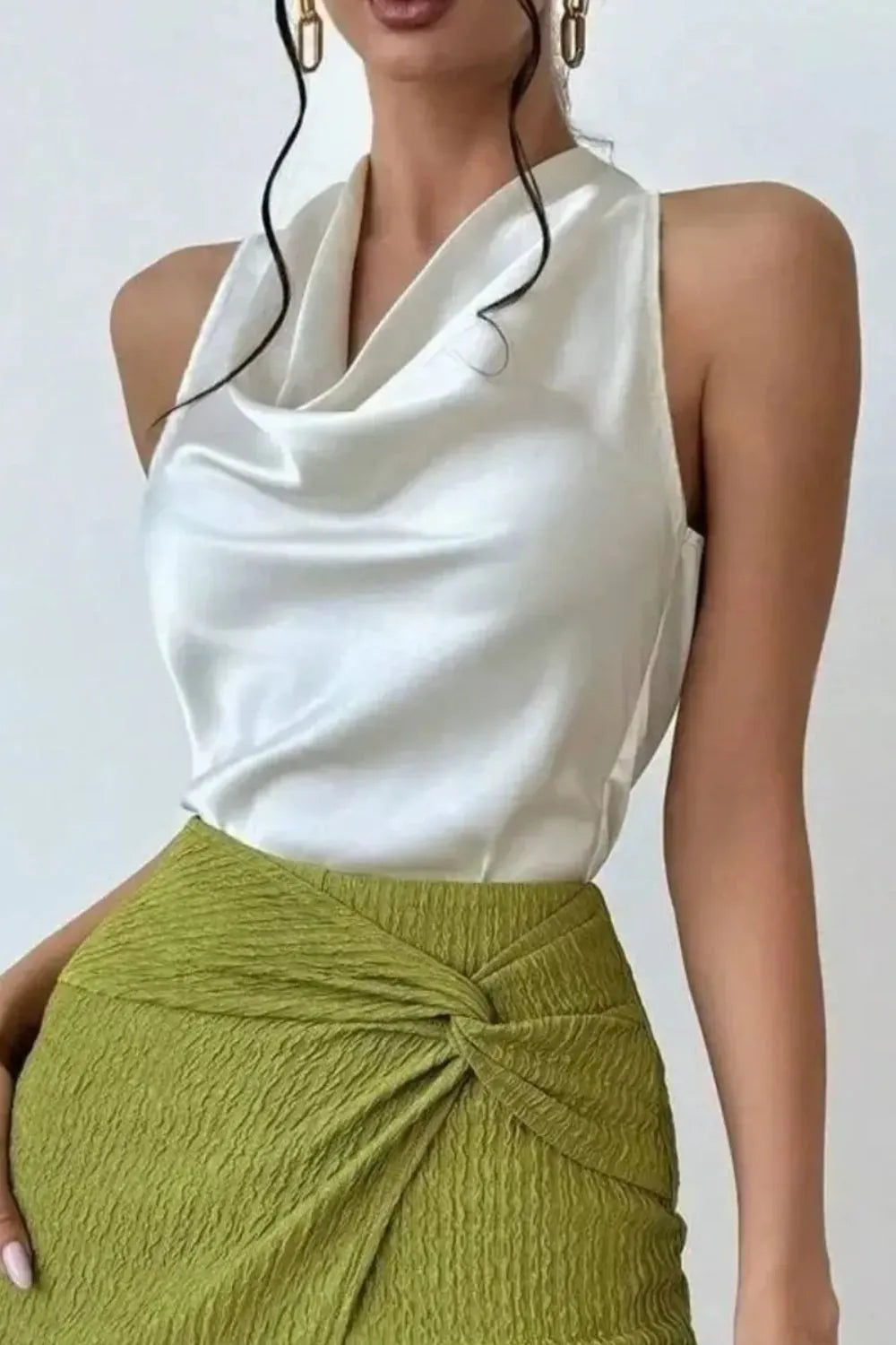 Satin Cowl Neck Sleeveless Blouse - White - View 2