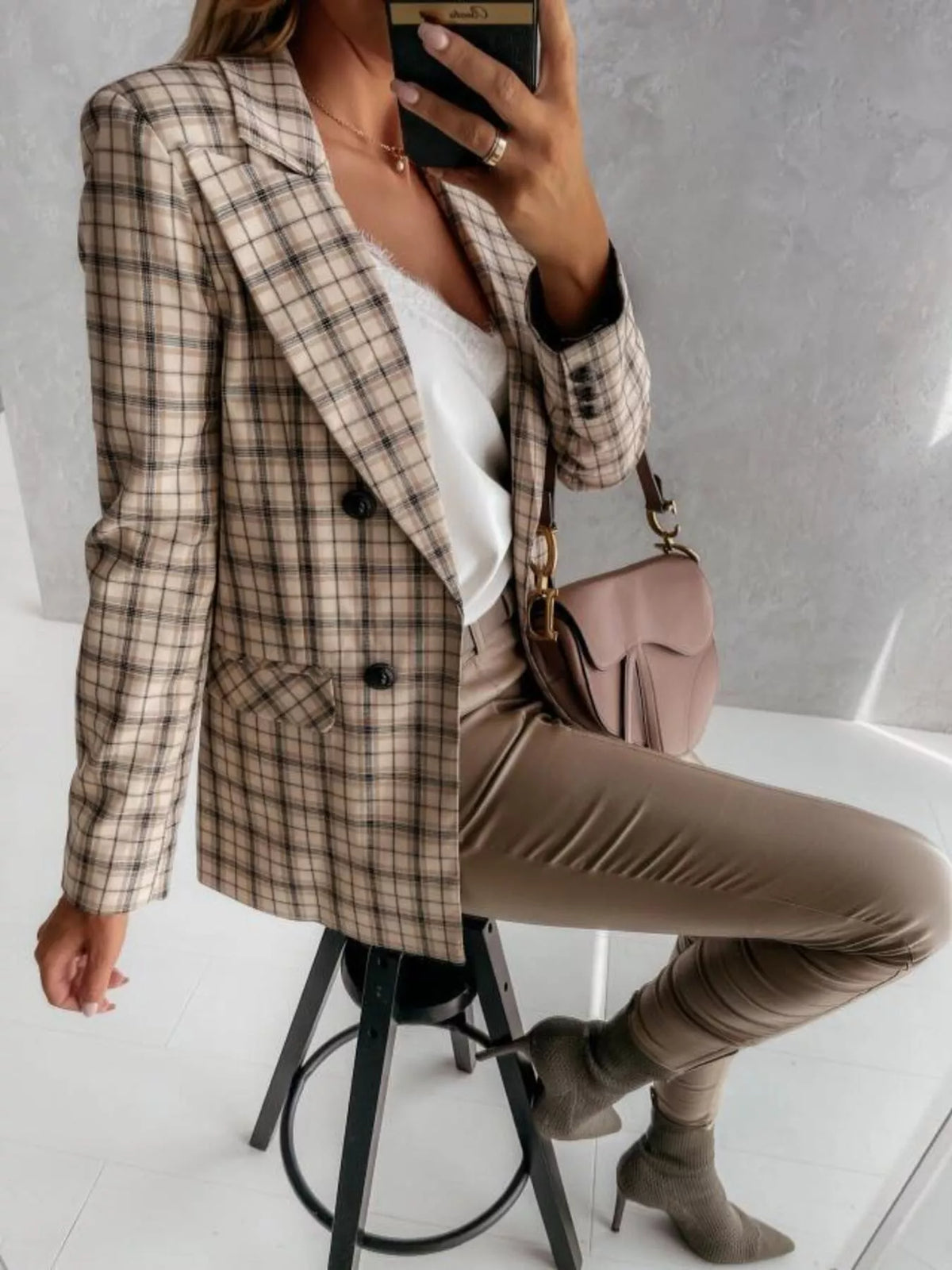 Double-Breasted Blazer - Khaki - View 12