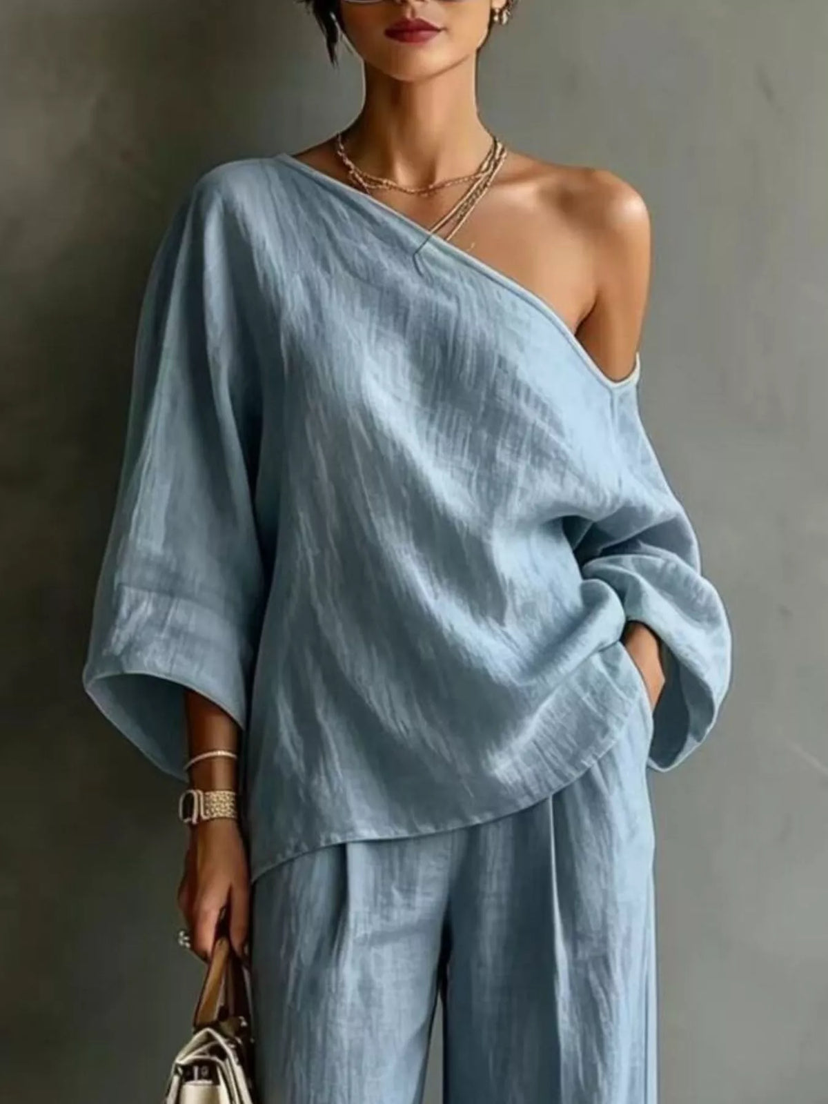 One Shoulder Top and Wide Leg Pants Set - Light Blue - View 2