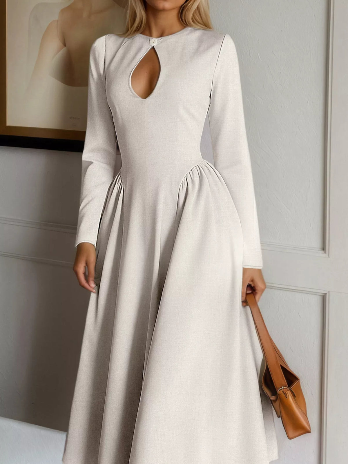 Keyhole Long-Sleeve Midi Dress - Apricot - View 2
