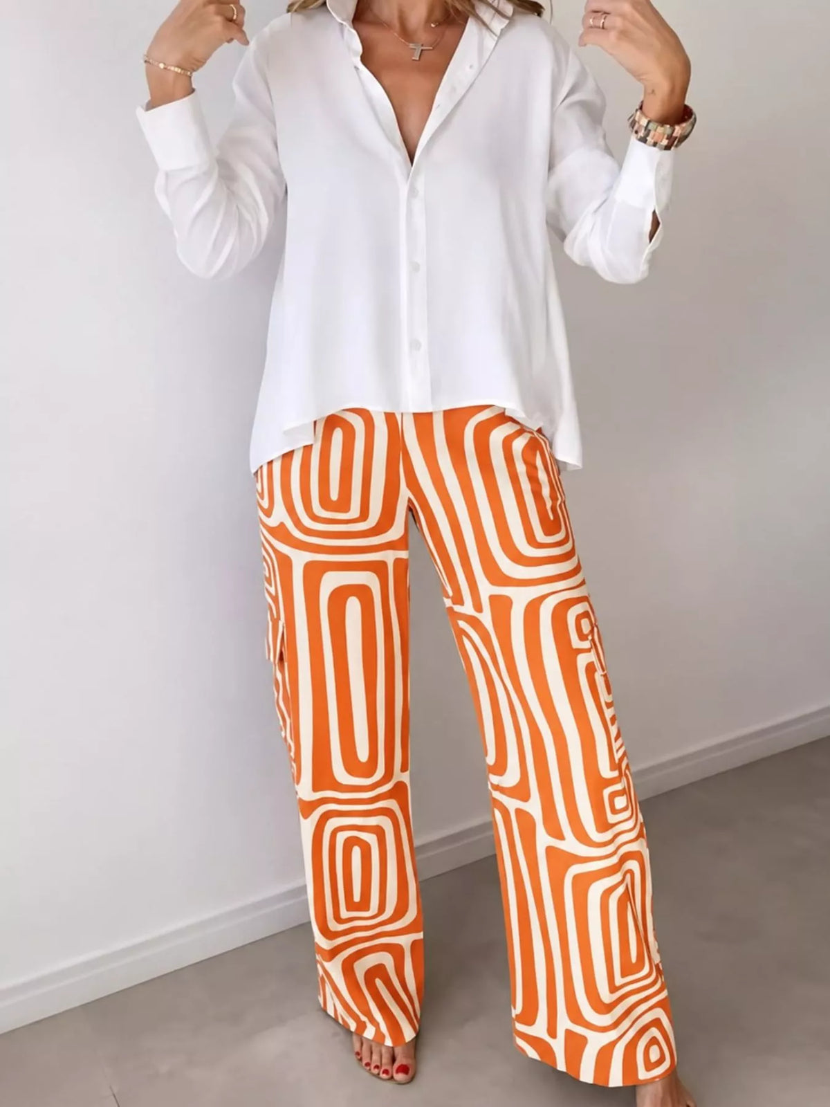 Full Size Chic Button-Down Shirt and Geometric Wide-Leg Pants Set Plus Size - Orange - Set - View 8