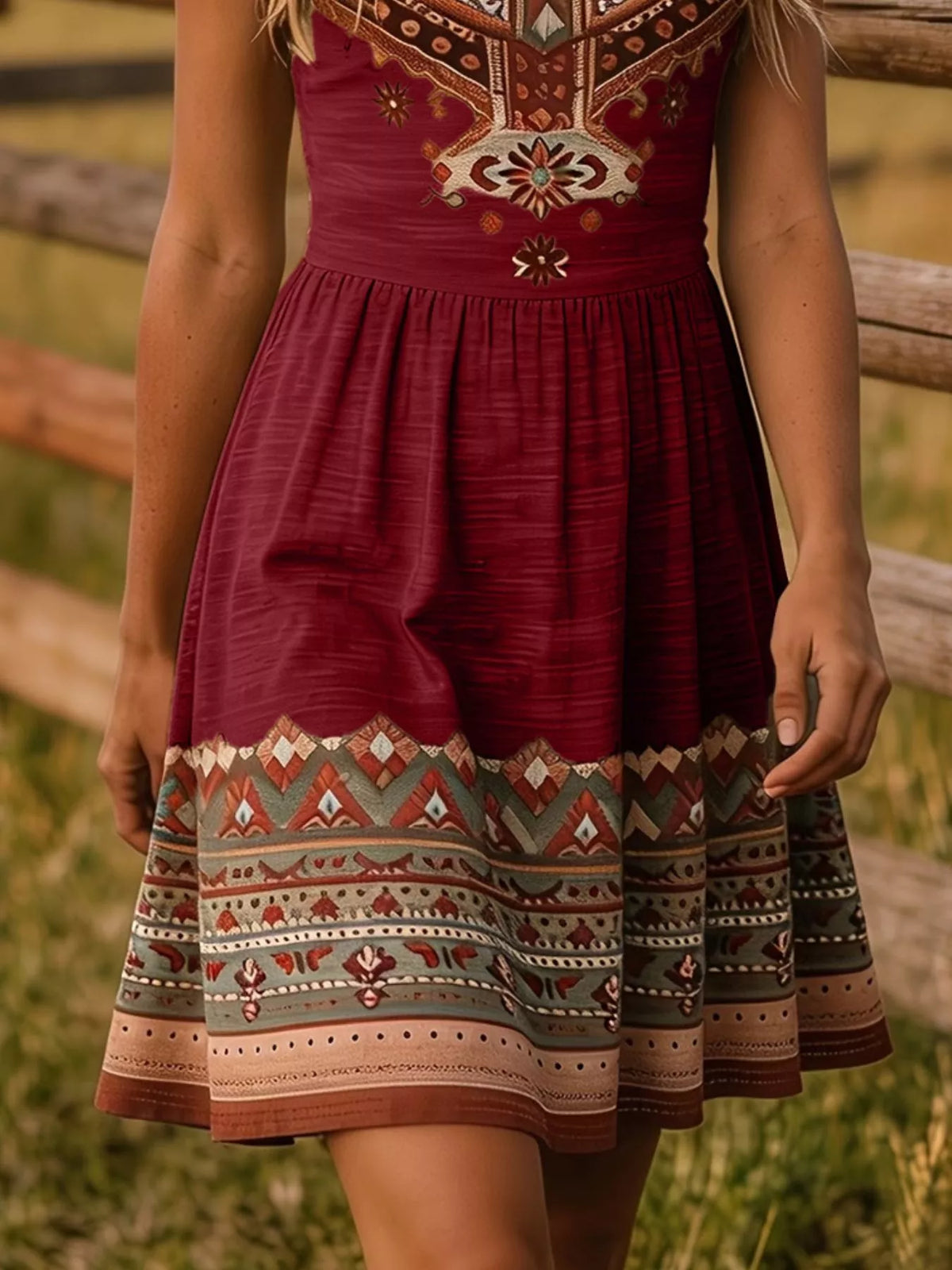 Tribal Print Sleeveless A-Line Summer Dress - Burgundy - View 12
