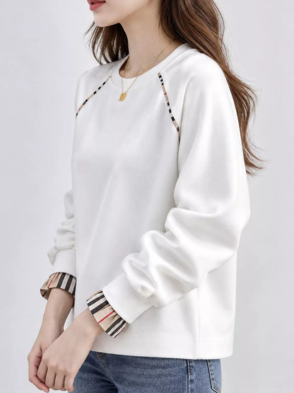 Plaid-Trimmed Crew Neck Sweatshirt - White-Plain - View 3