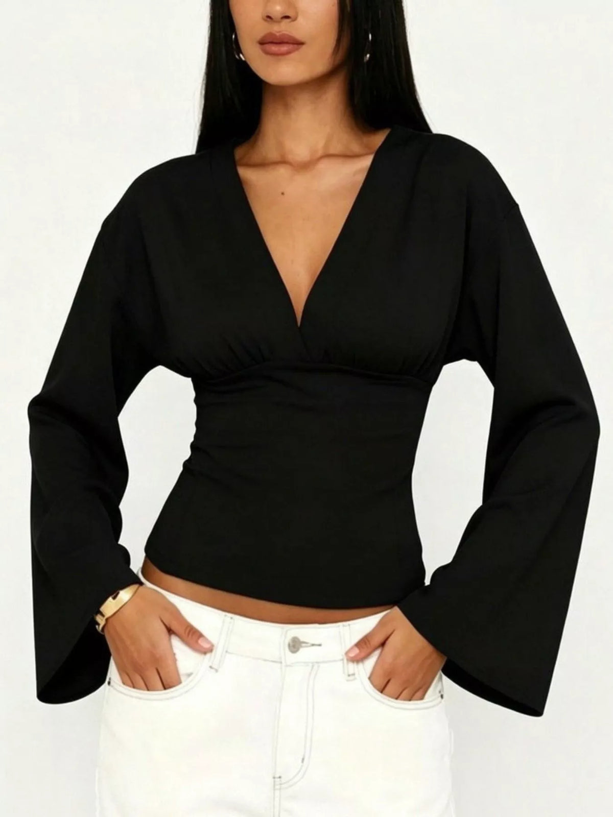 V-Neck Flare Sleeve Blouse - Black - View 3