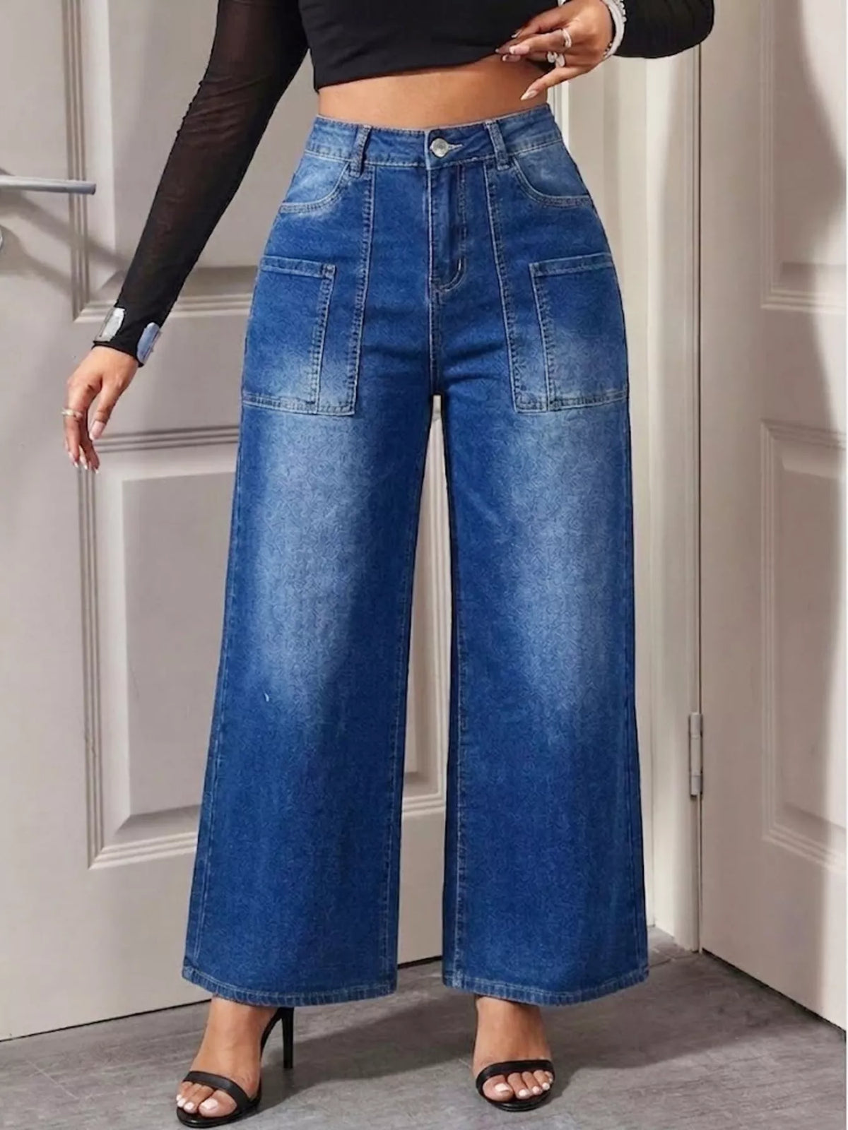 High-Waisted Wide Leg Jeans - Peacock  Blue - View 4