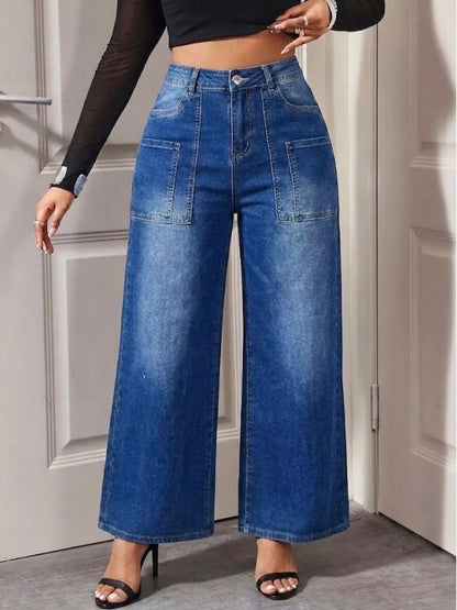 High-Waisted Wide Leg Jeans - Peacock  Blue - View 4
