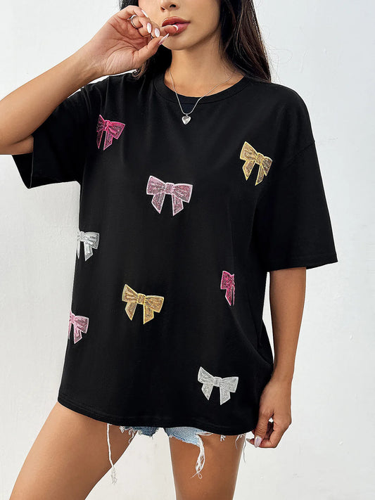 Sequin Bow Round Neck Short Sleeve T-Shirt - product photo 2