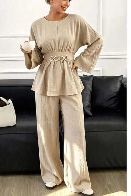 Metal Chain Waist Detail Top and Pants Set - All Colors - View 1