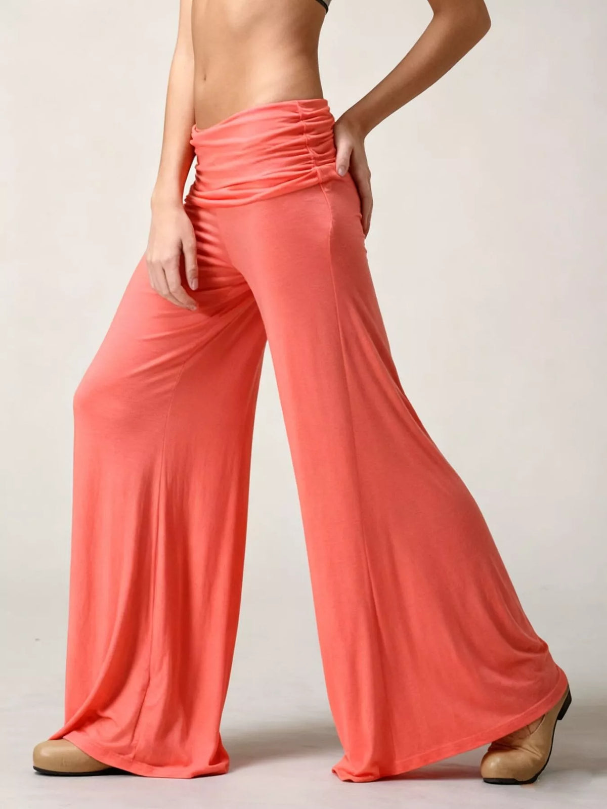 High-Waisted Fold-Over Wide Leg Active Pants - Orange - View 5