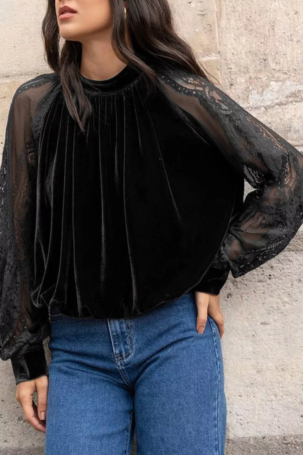Solid Color Sheer Lace Long Sleeve Patchwork Stand Neck Velvet Blouse - Black - View 2