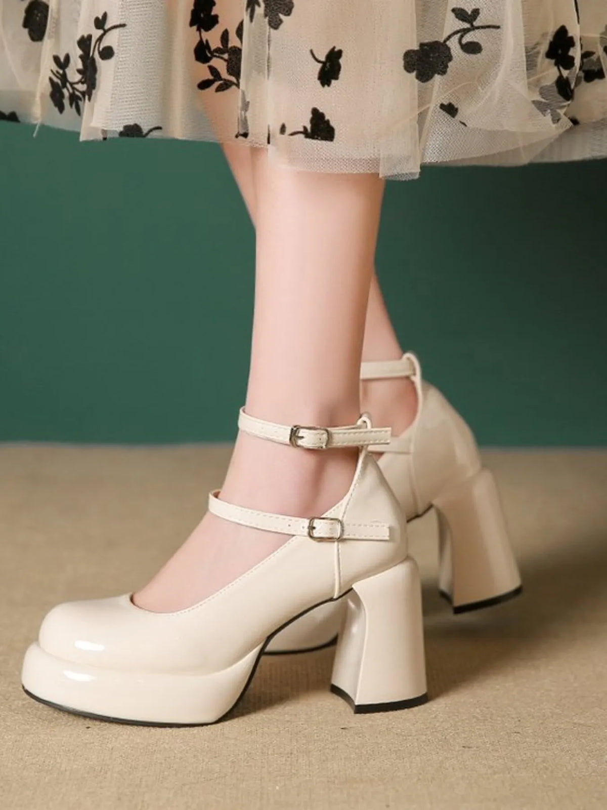 Patent Leather Mary Jane Platform Pumps - Cream - View 18