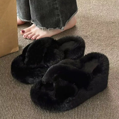 Fluffy Wedge Slippers - Black - View 1