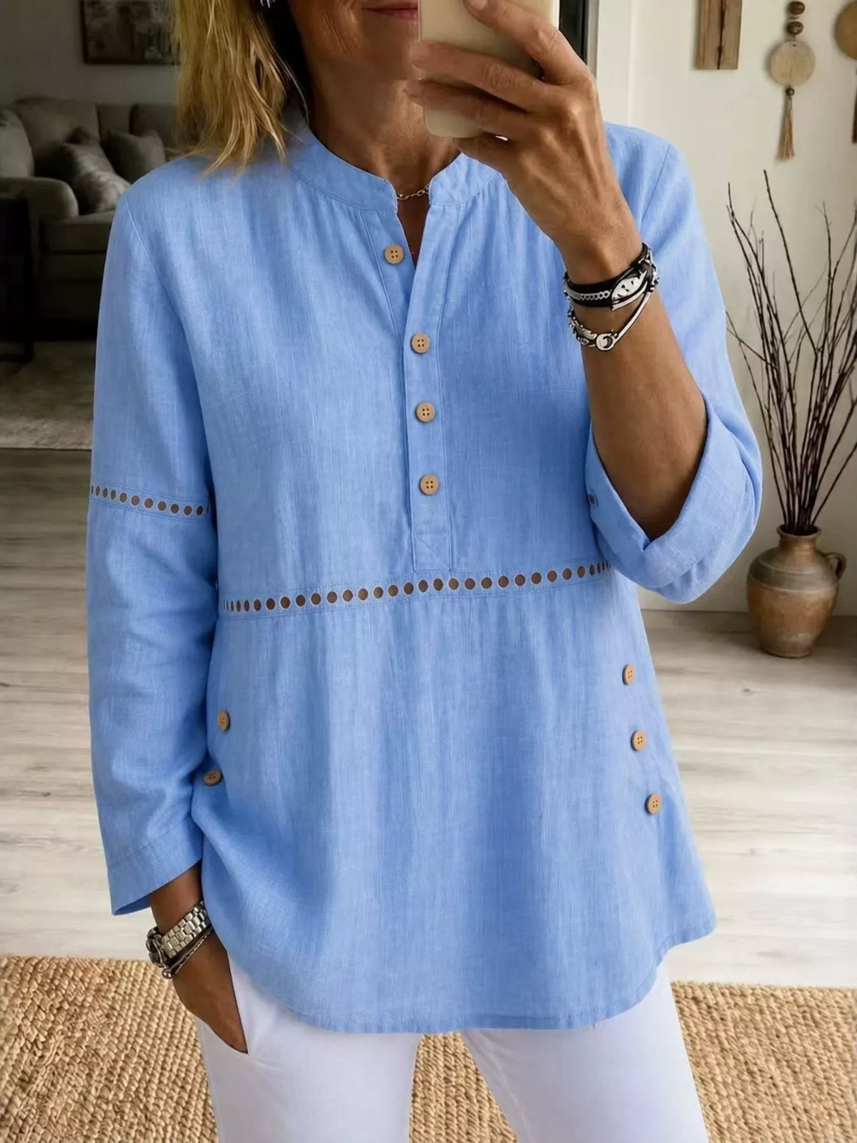 Full Size Button Detail Eyelet Long Sleeve Blouse Plus Size - Sky Blue - View 1