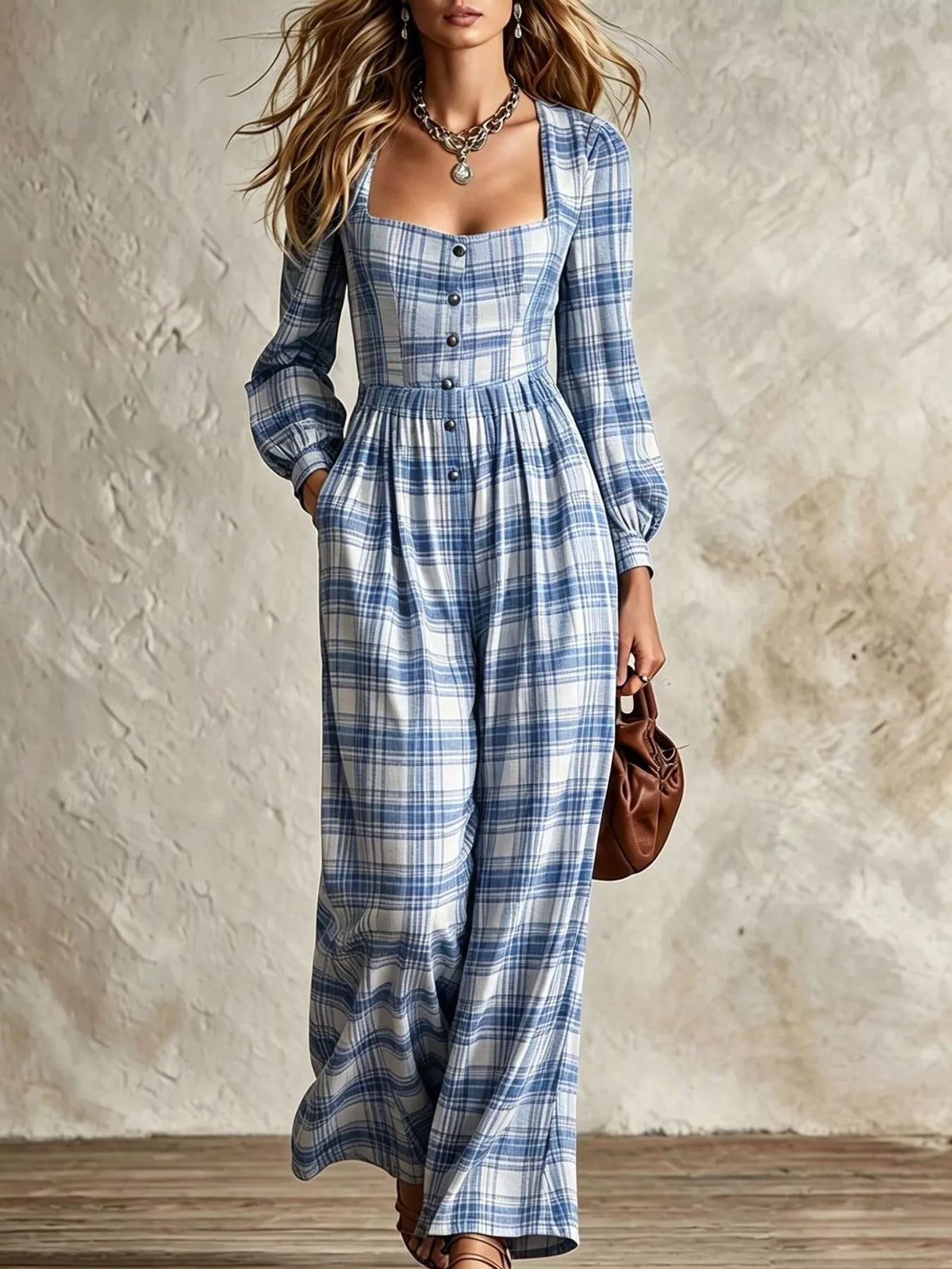 Plaid Square Neck Long Sleeve Wide Leg Jumpsuit - Light Blue - View 1