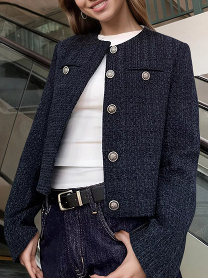 Tweed Metallic Buttons Cropped Outerwear - Blue - View 3