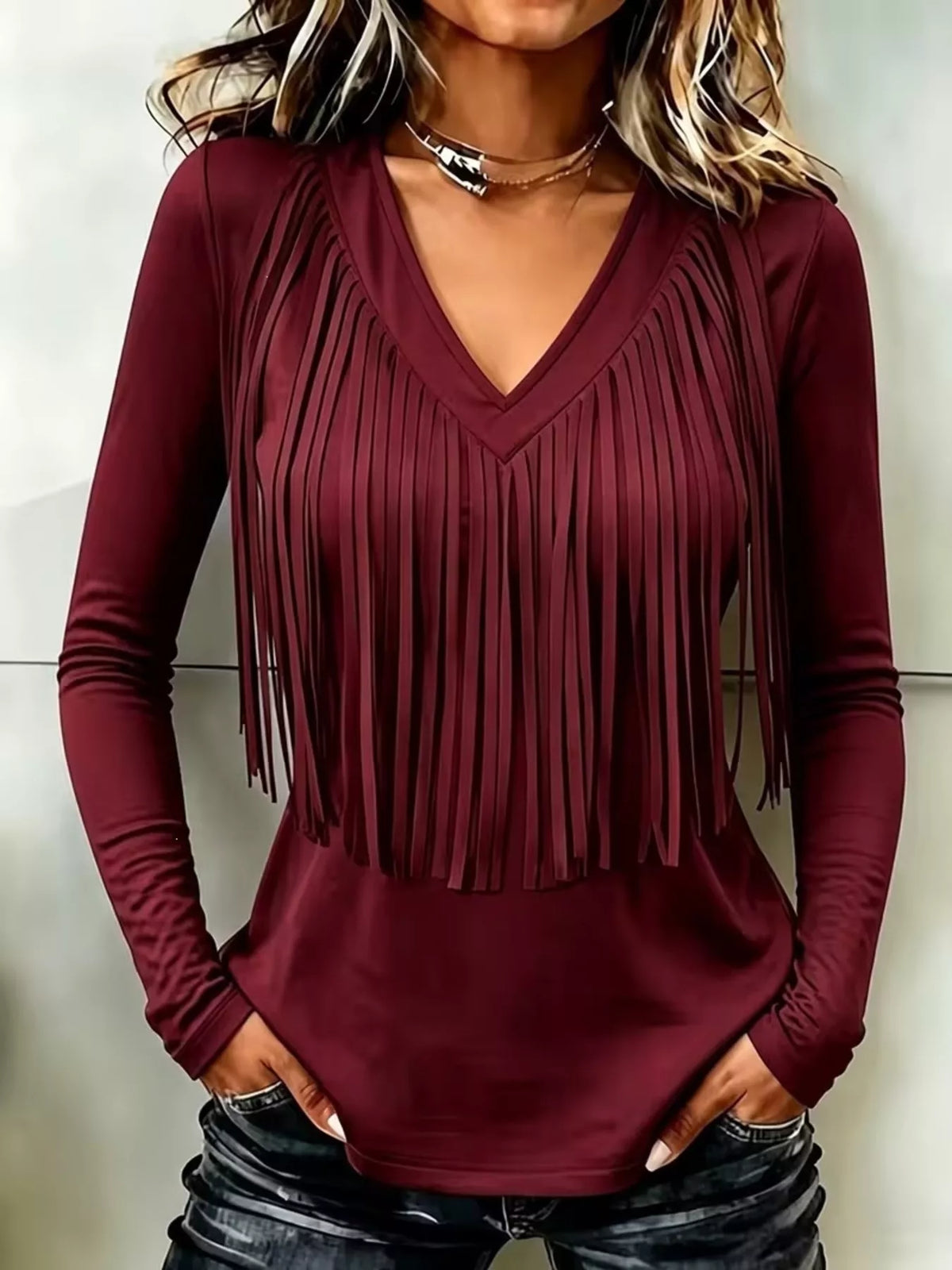 Fringe V-Neck Long Sleeve T-Shirt - Burgundy - View 1