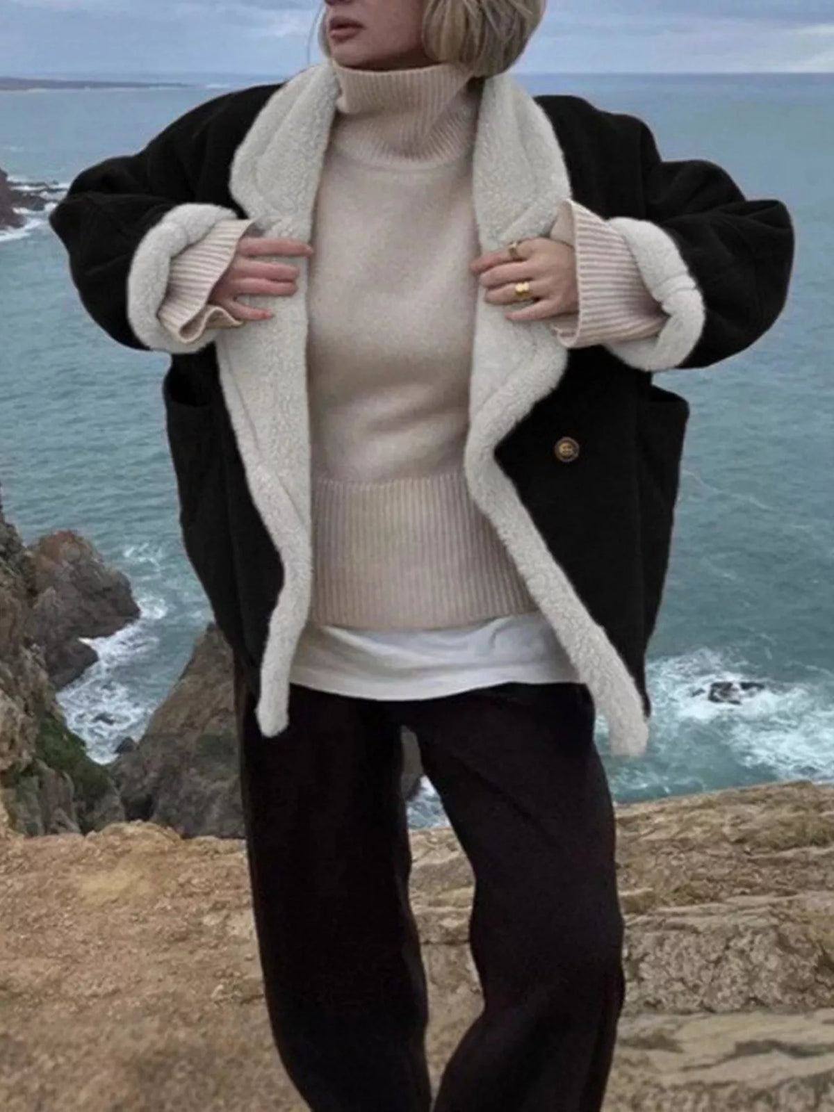 Plush Lined Dropped Shoulder Outerwear - Black - View 1