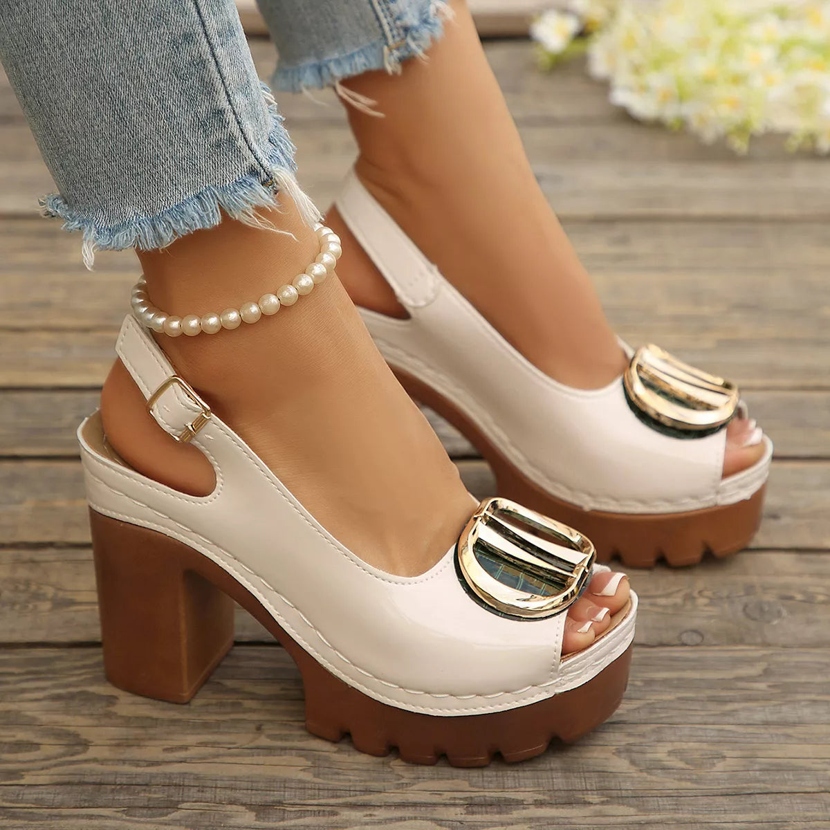 Open Toe Block Heels Sandals - Beige - View 5