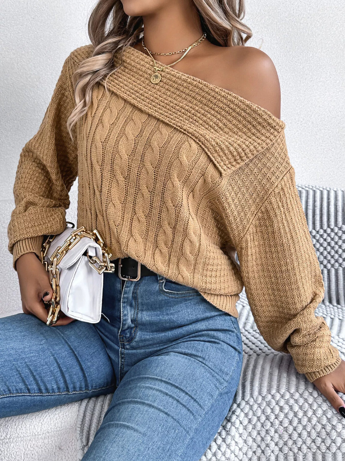 One Shoulder Cable Knit Sweater - Camel - View 5