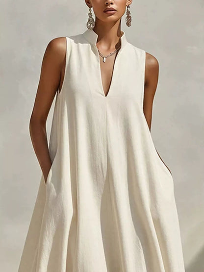 Sleeveless Maxi Dress with Side Pockets - White - View 2