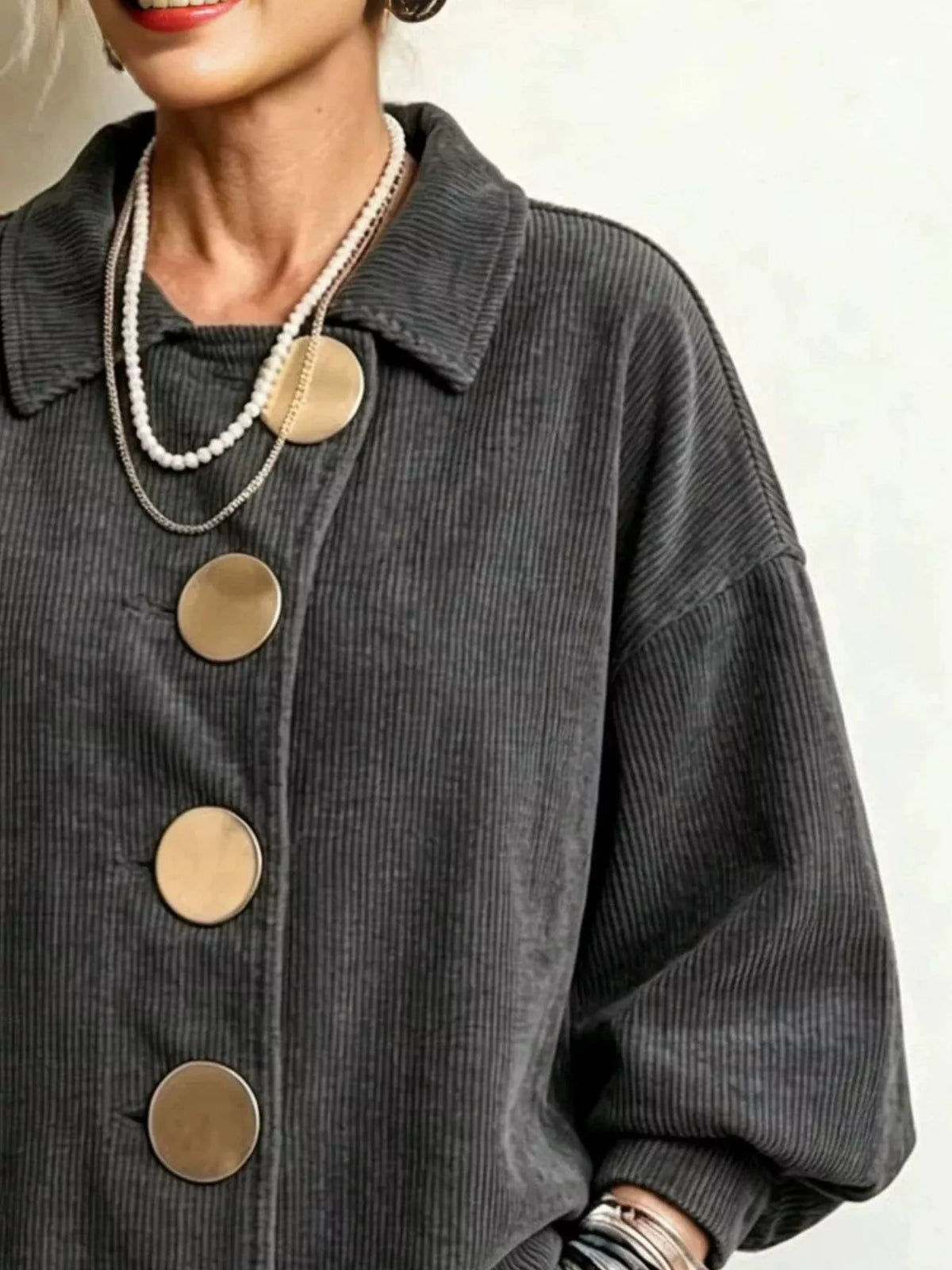 Full Size Corduroy Button-Down Jacket Plus Size - Gray - View 4