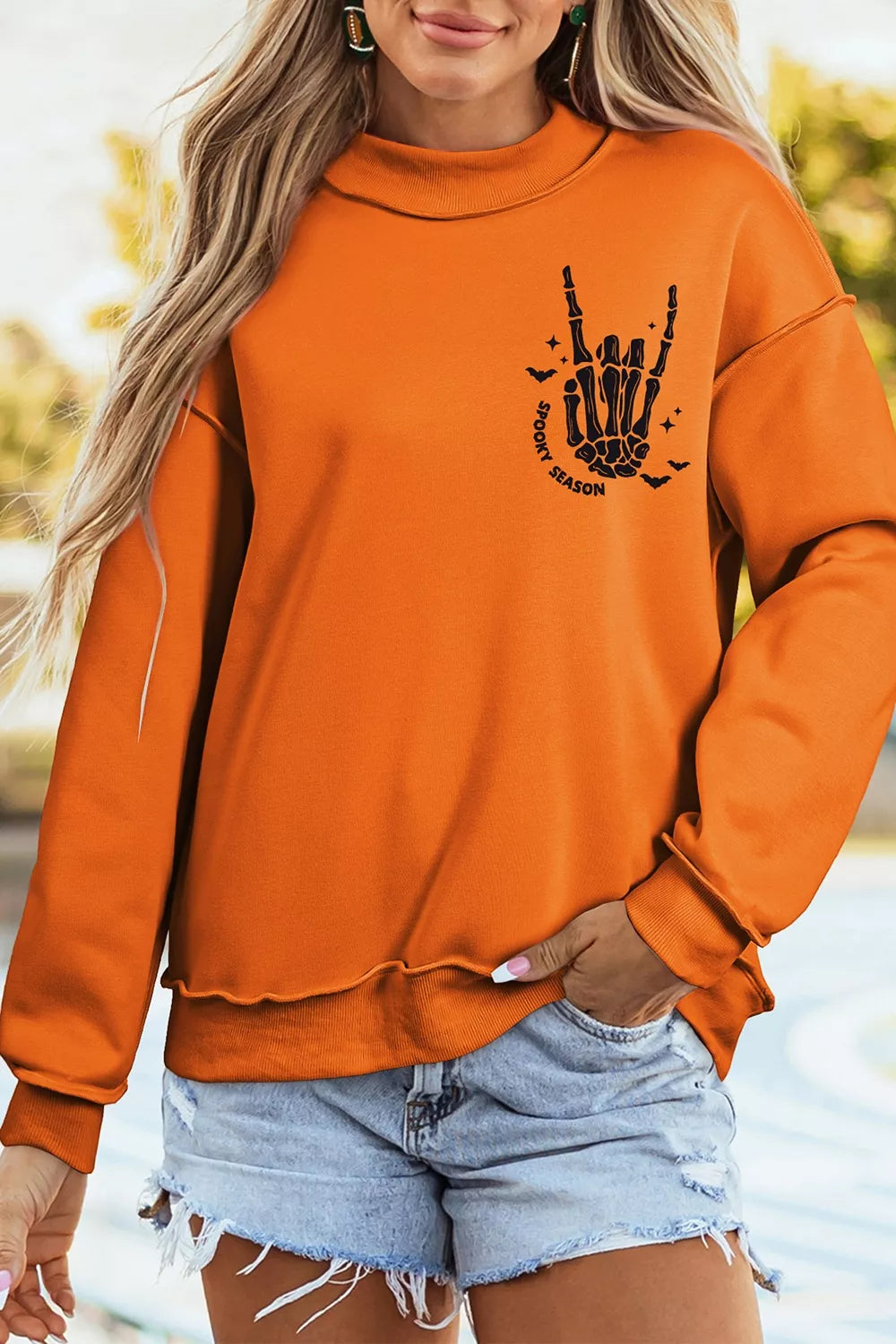 Spooky Season Mock Neck Reversible Halloween Sweatshirt - Orange - View 7