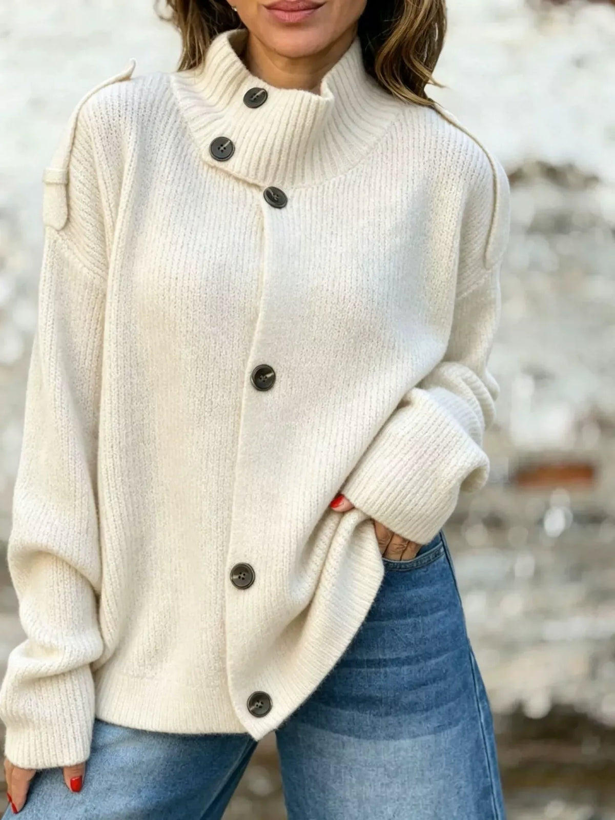 Full Size Button-Up Mock Neck Cardigan Plus Size - White - View 1