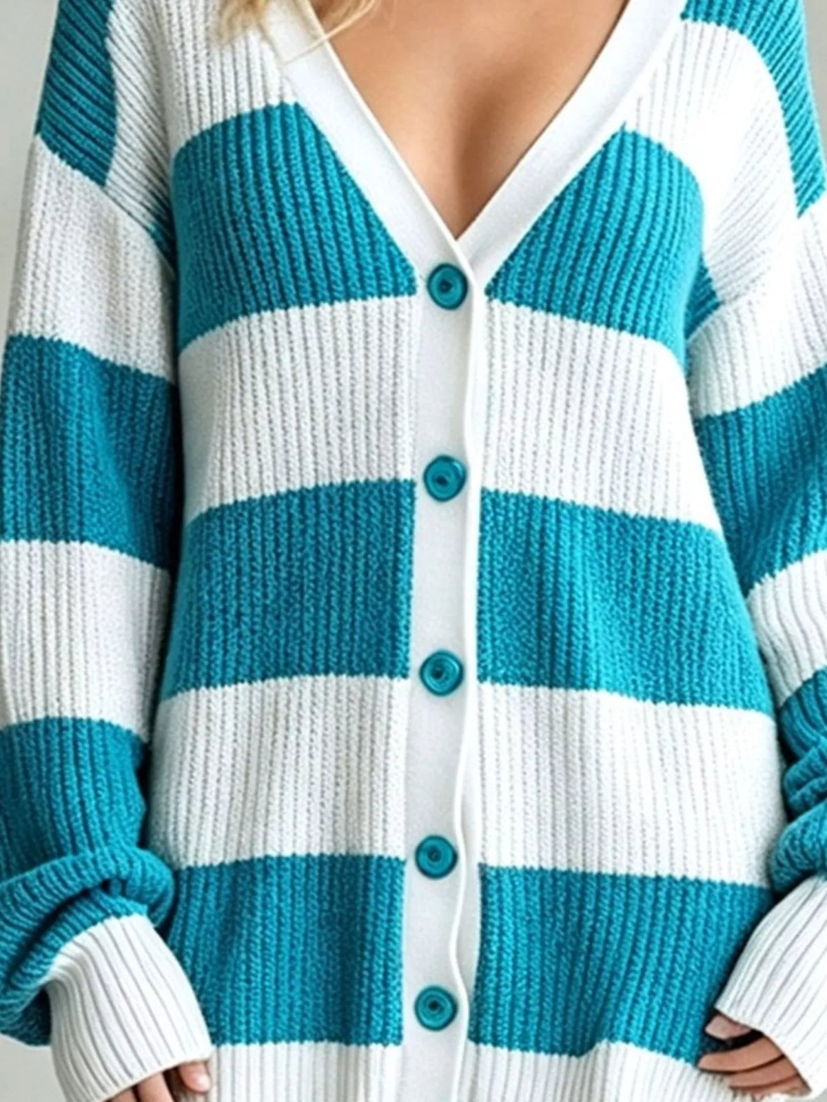 Striped V-Neck Button-Down Cardigan - Sky Blue - View 6