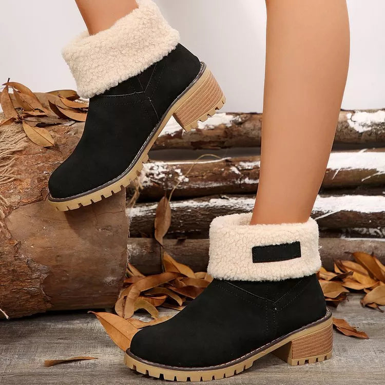 Round Toe Block Heels Boots - Black - View 7