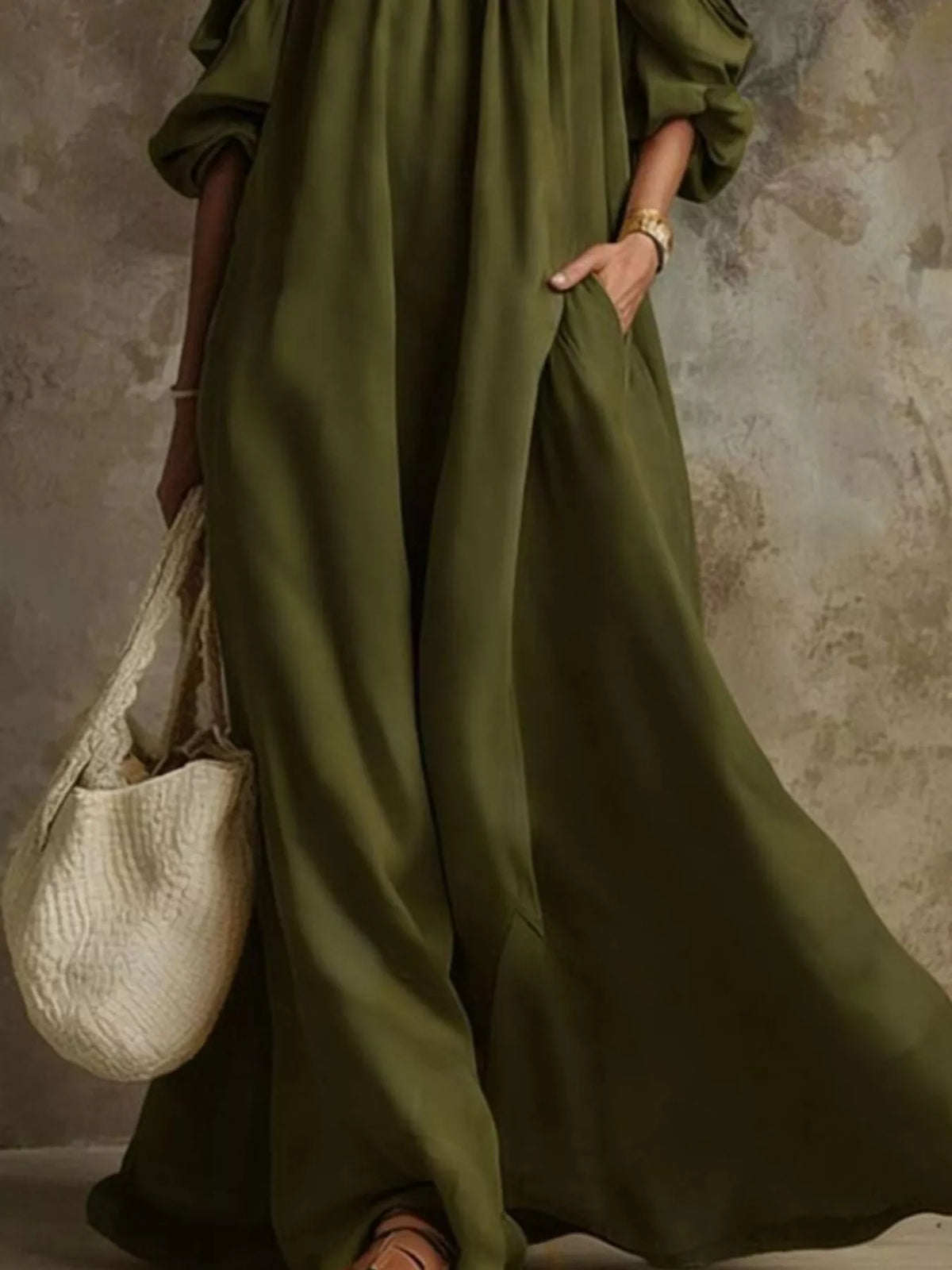 Full Size Cold-Shoulder Linen Maxi Dress Plus Size - Army Green - View 3