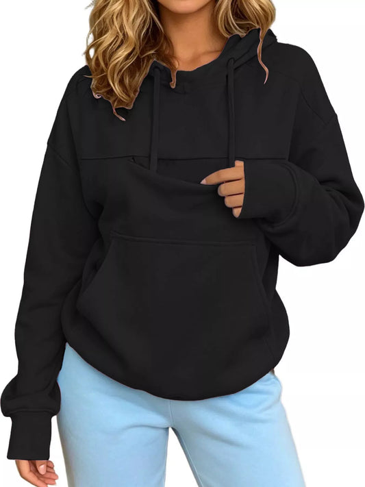 Full Size Cat Pouch Drawstring Hoodie Plus Size - Black - View 2