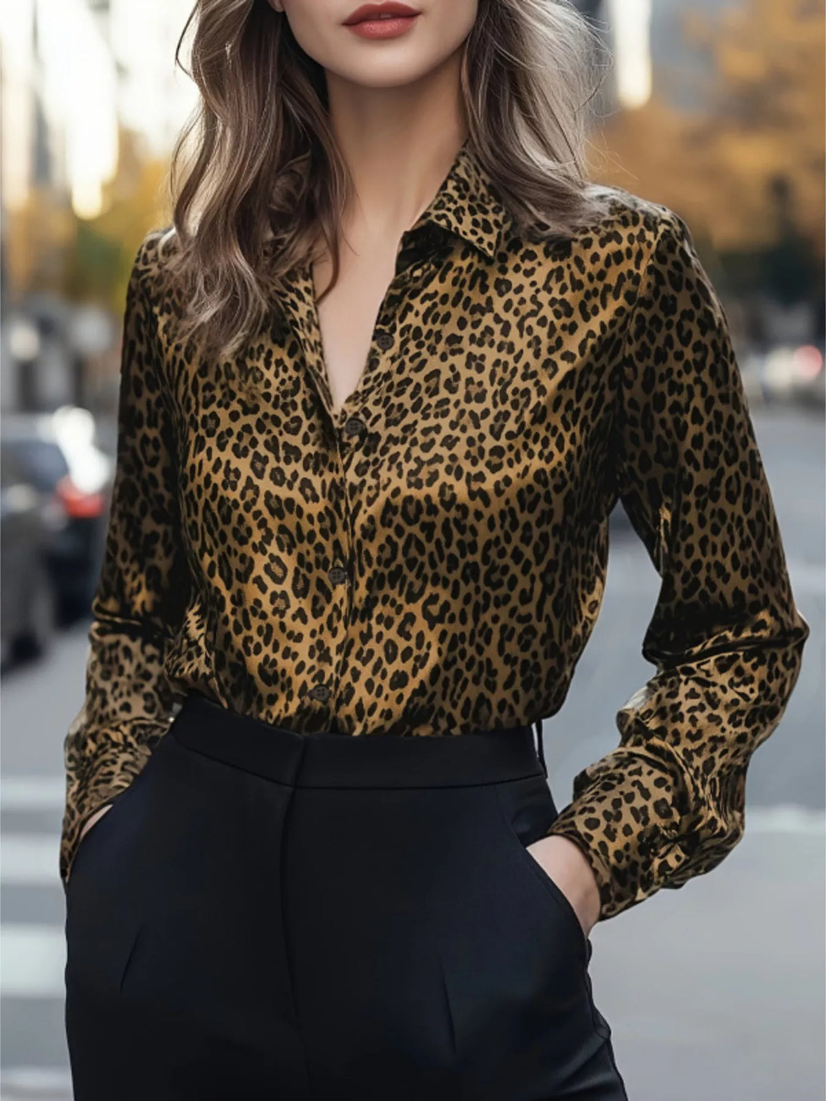 Leopard Button Up Long Sleeve Shirt - Caramel - View 4