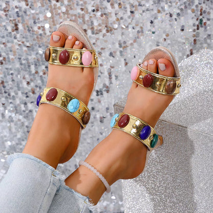 Open Toe Block Heels Sandals - Gold - View 7