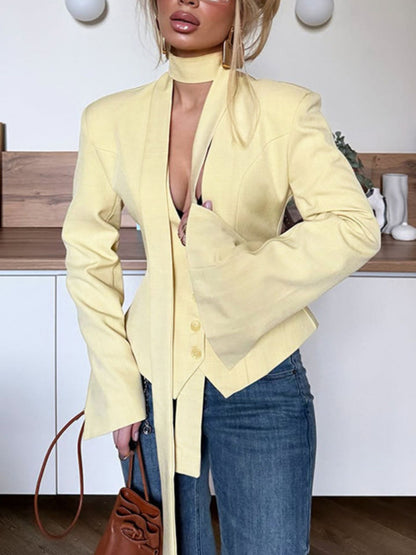 Button Up Long Sleeve Blazer - Pastel Yellow - View 4
